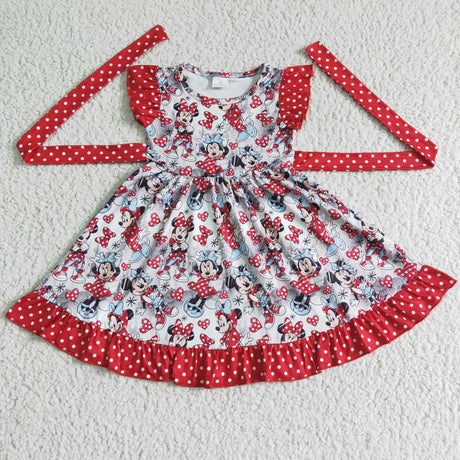 Flutter sleeve cute mouse print belt girls summer twirl dresses