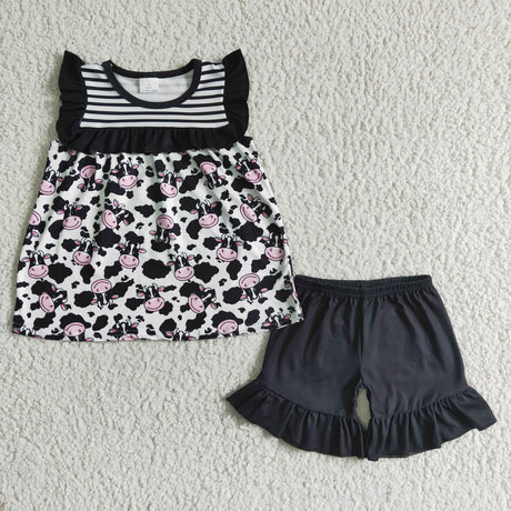 Cow print shirt black milk silk shorts girls outfits