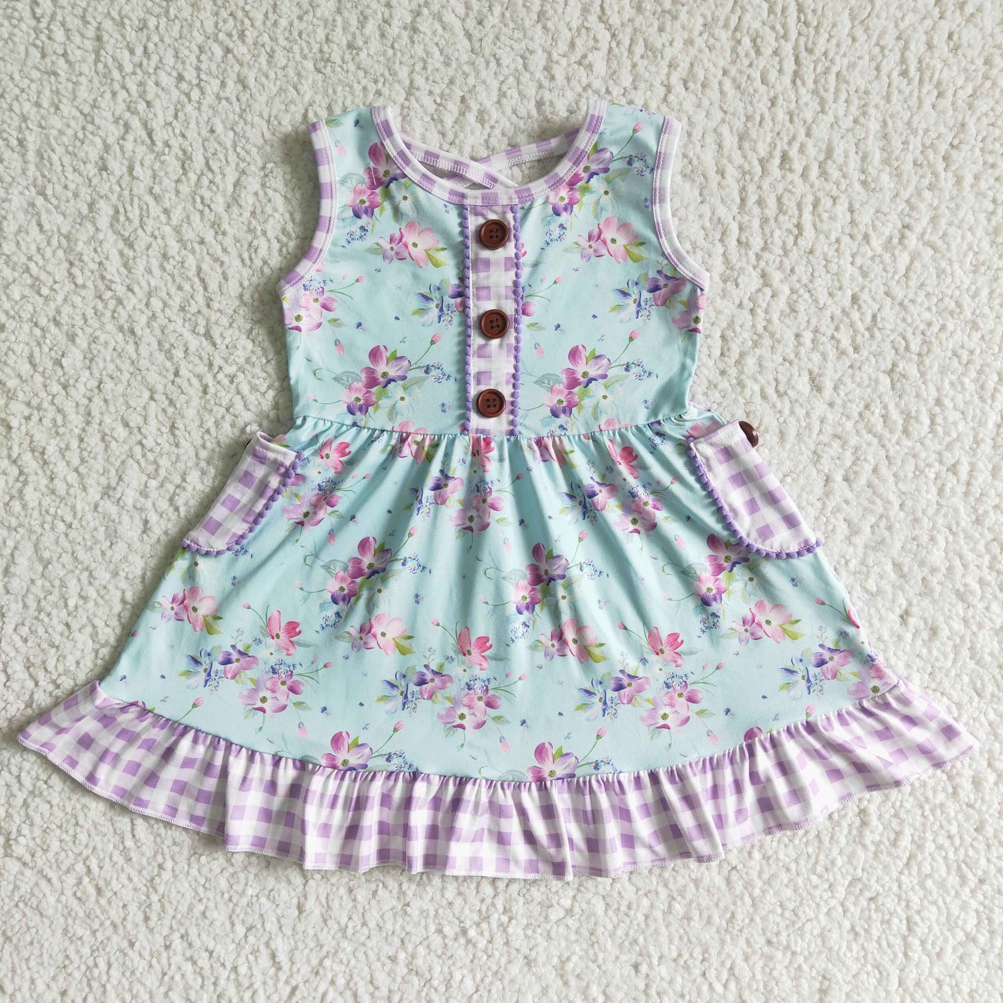 Sleeveless floral lavender pocket girls dresses