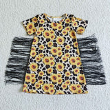 Short sleeve sunflower tassels girls western dresses