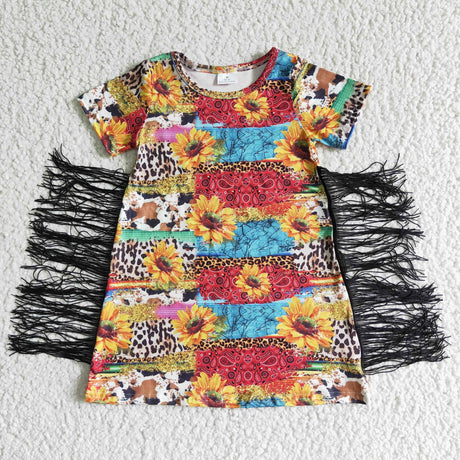 Sunflower cow print baby girls fringe dress