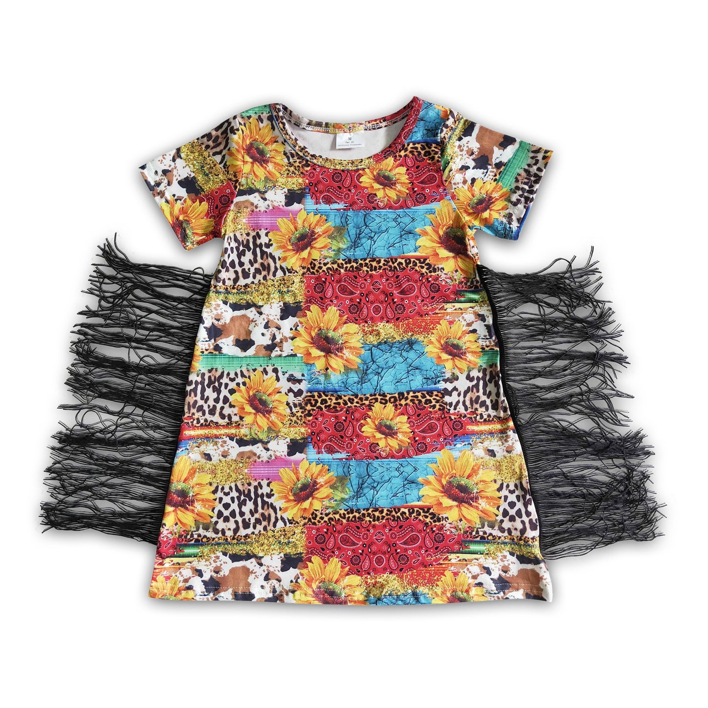 Sunflower cow print baby girls fringe dress