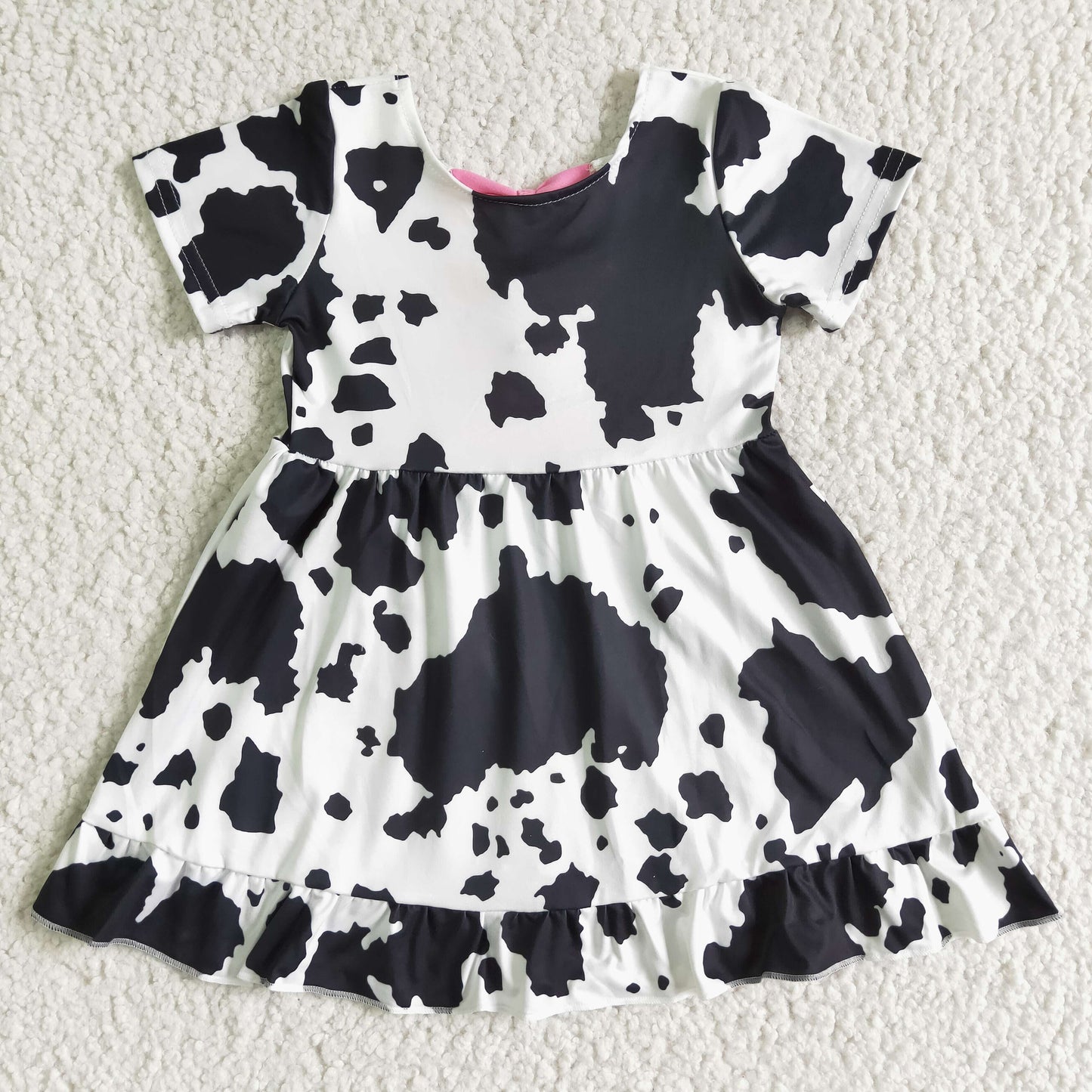 Black cow print short sleeve bow backless baby girls summer dresses