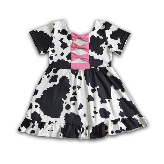 Black cow print short sleeve bow backless baby girls summer dresses