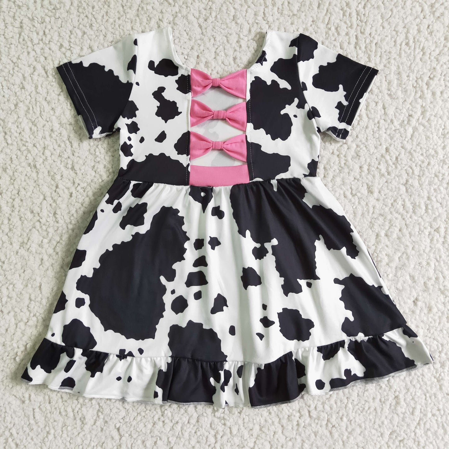 Black cow print short sleeve bow backless baby girls summer dresses