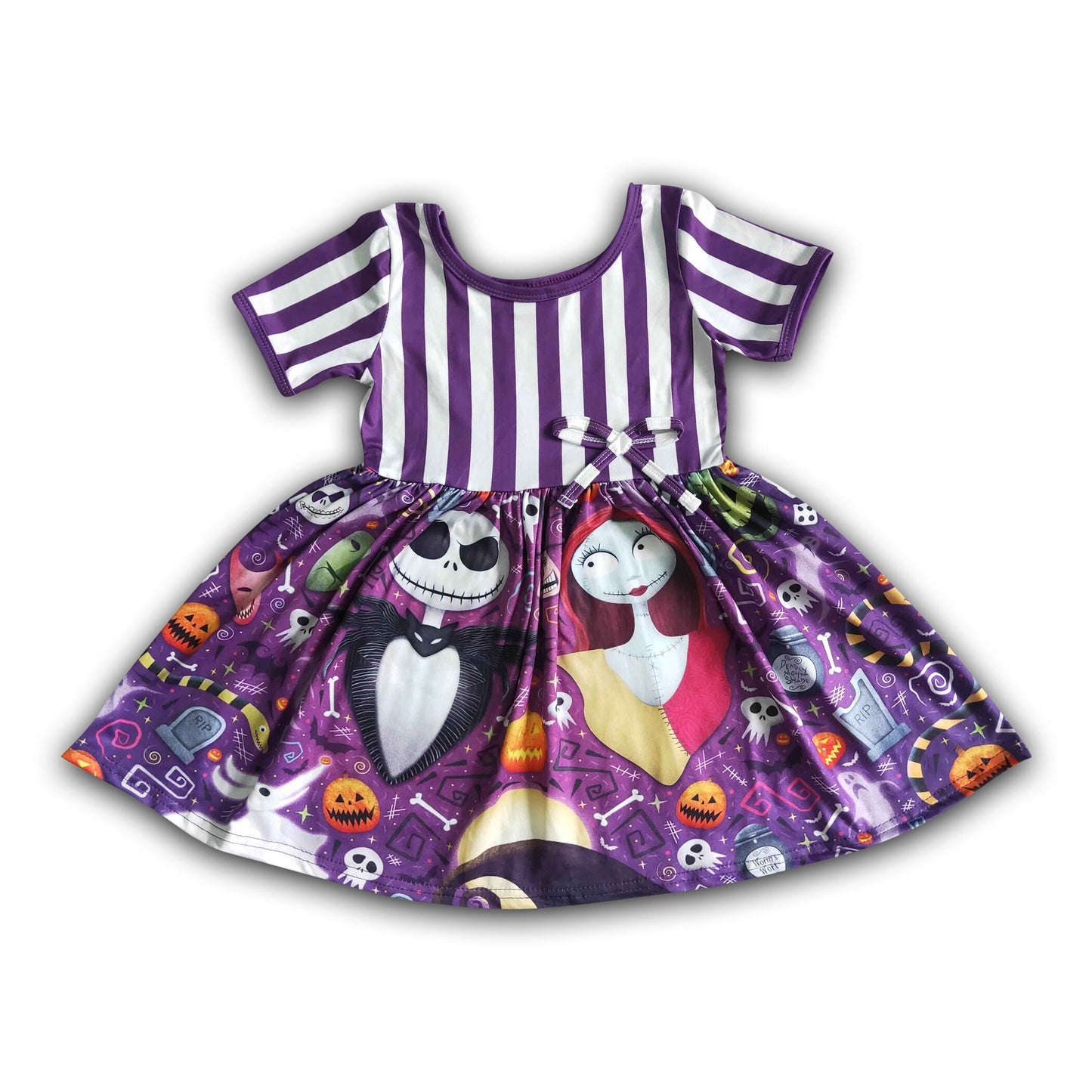 Purple stripe skull kids girls Halloween twirl dresses