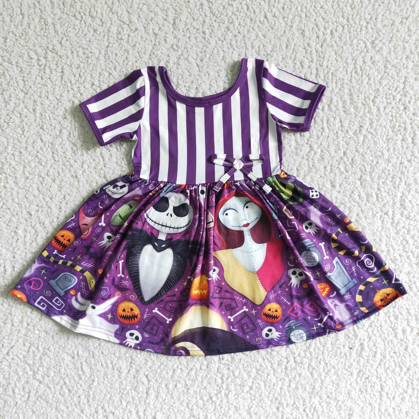 Purple stripe skull kids girls Halloween twirl dresses