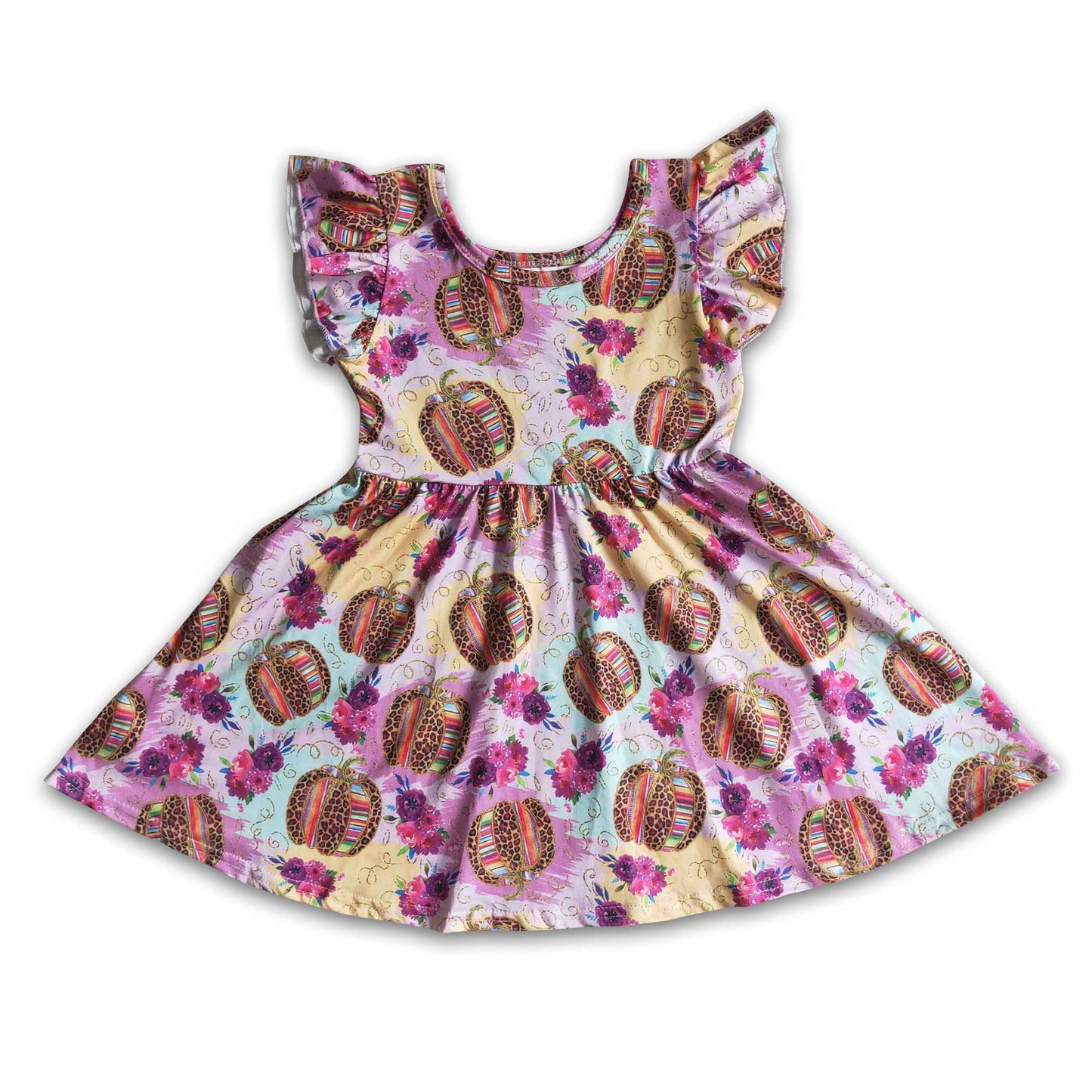 Flutter sleeve leopard serape pumpkin girls twirl fall dresses