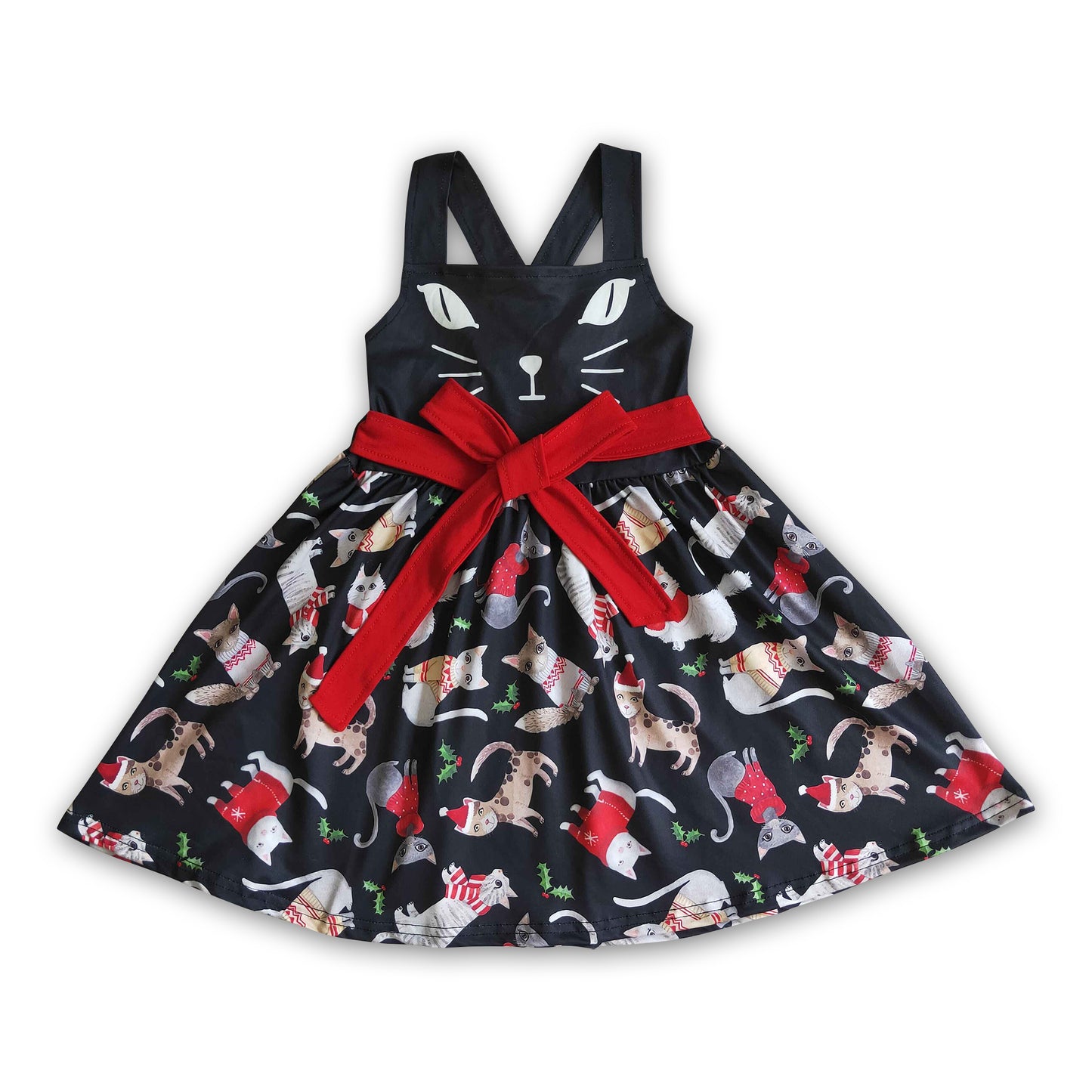 Cute cat sleeveless belt baby girls Christmas dresses