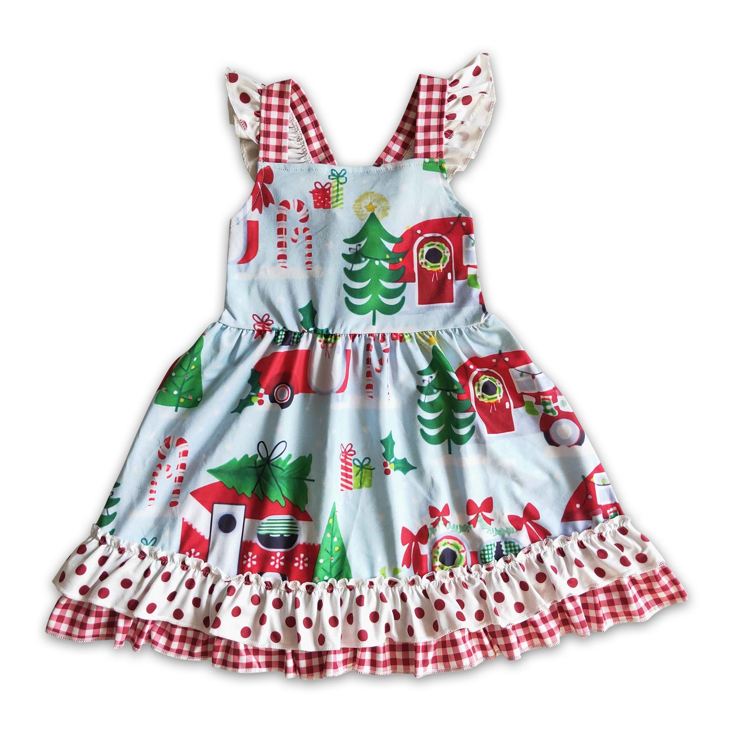 Camping Christmas tree flutter sleeves baby girls dresses