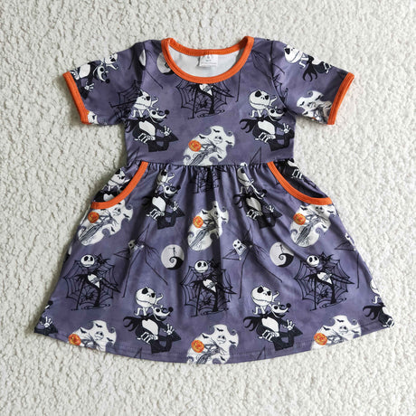 Short sleeves skull moon pocket girls Halloween dresses