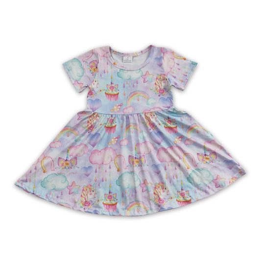 Short sleeves rainbow unicorn baby girls summer dresses