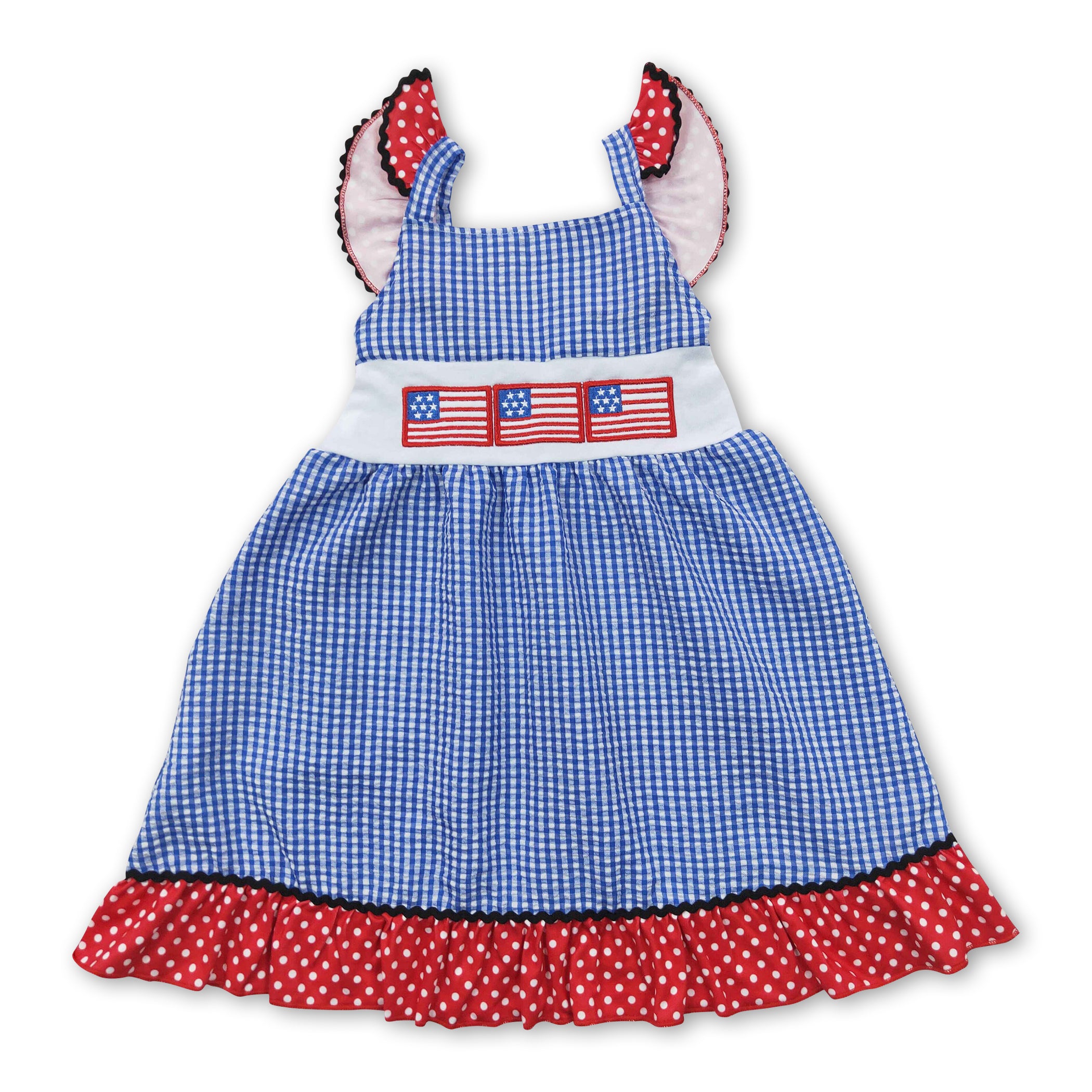 Flag embroidery blue plaid seesuckers girls 4th of july dress – Yawoo ...