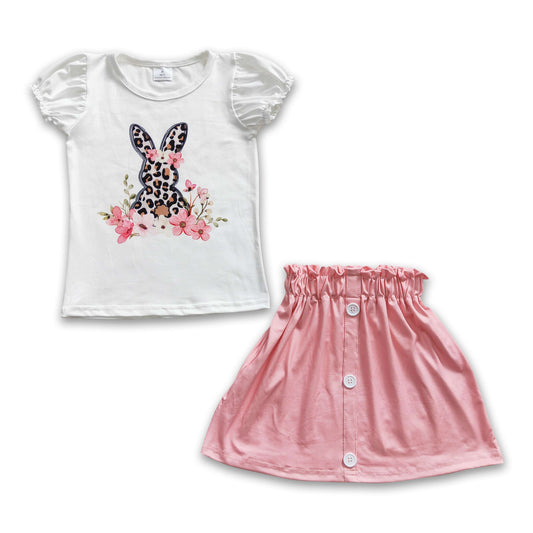 Leopard rabbit floral shirt pink skirt girls easter clothes