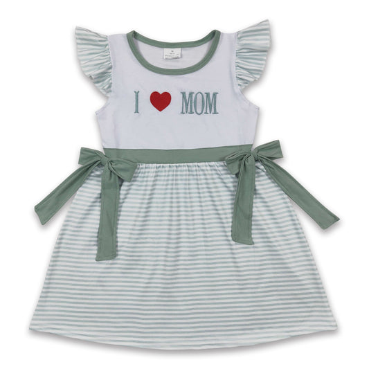 I love MOM embroidery stripe mother's day baby girls dress