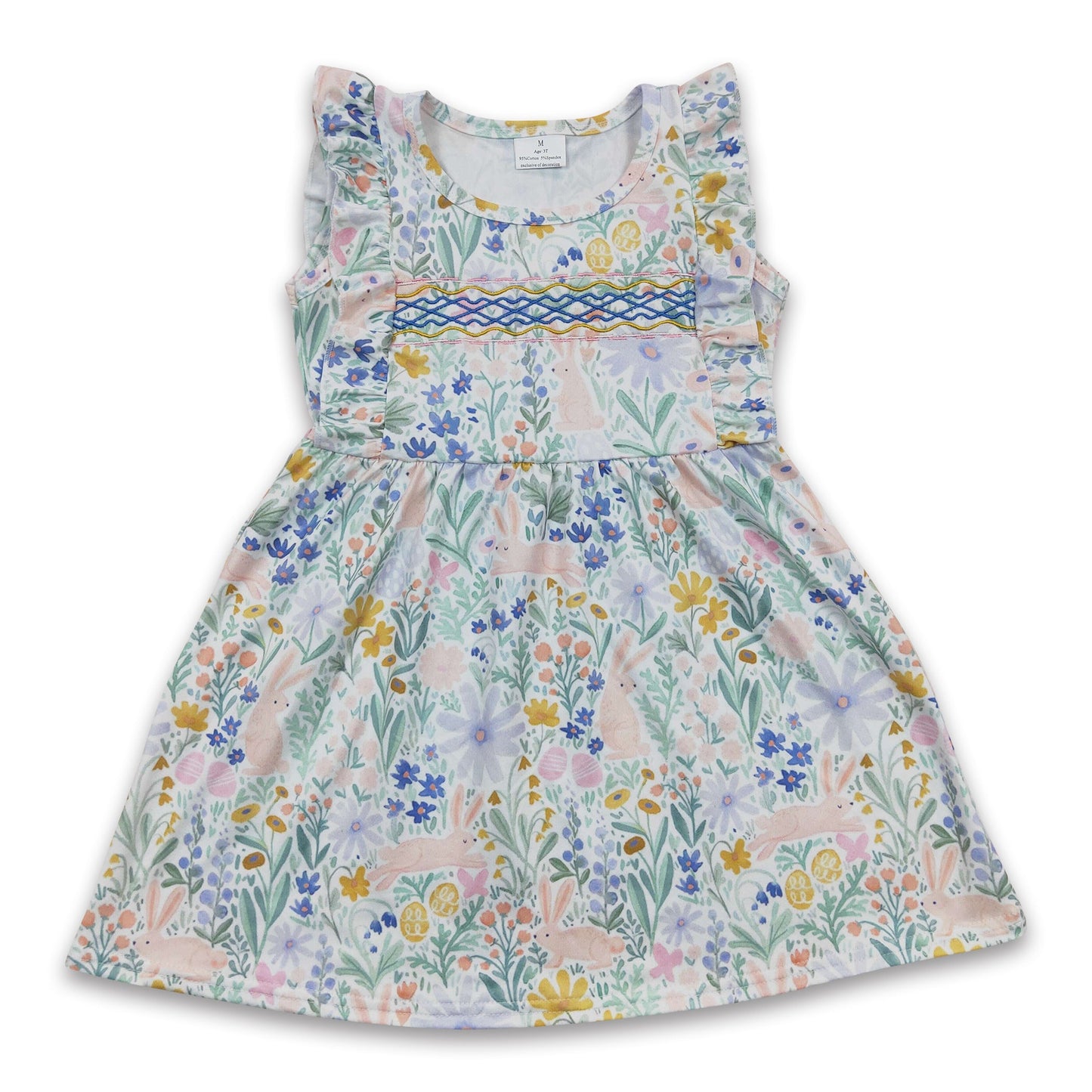Flutter sleeves rabbit floral embroidery baby girls dresses