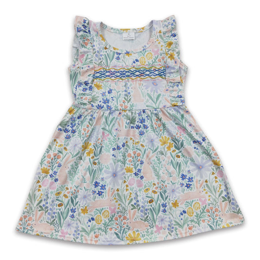 Flutter sleeves rabbit floral embroidery baby girls dresses