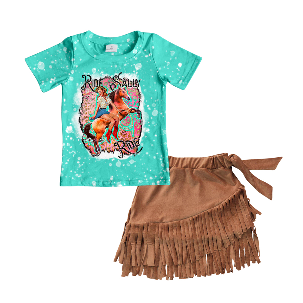 Short sleeves ride horse shirt fringe skirt girls outfits