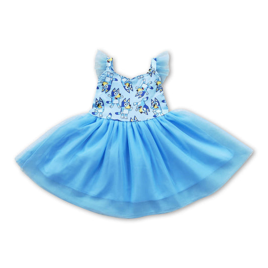Blue dog flutter sleeves tulle baby girls dress