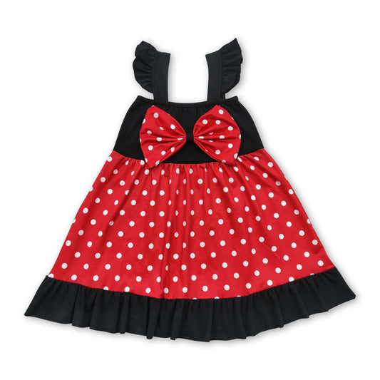 Red polka dots bow flutter sleeves princess baby girls dress