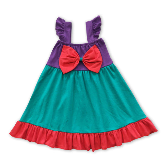 Red bow green purple flutter sleeves princess baby girls dress