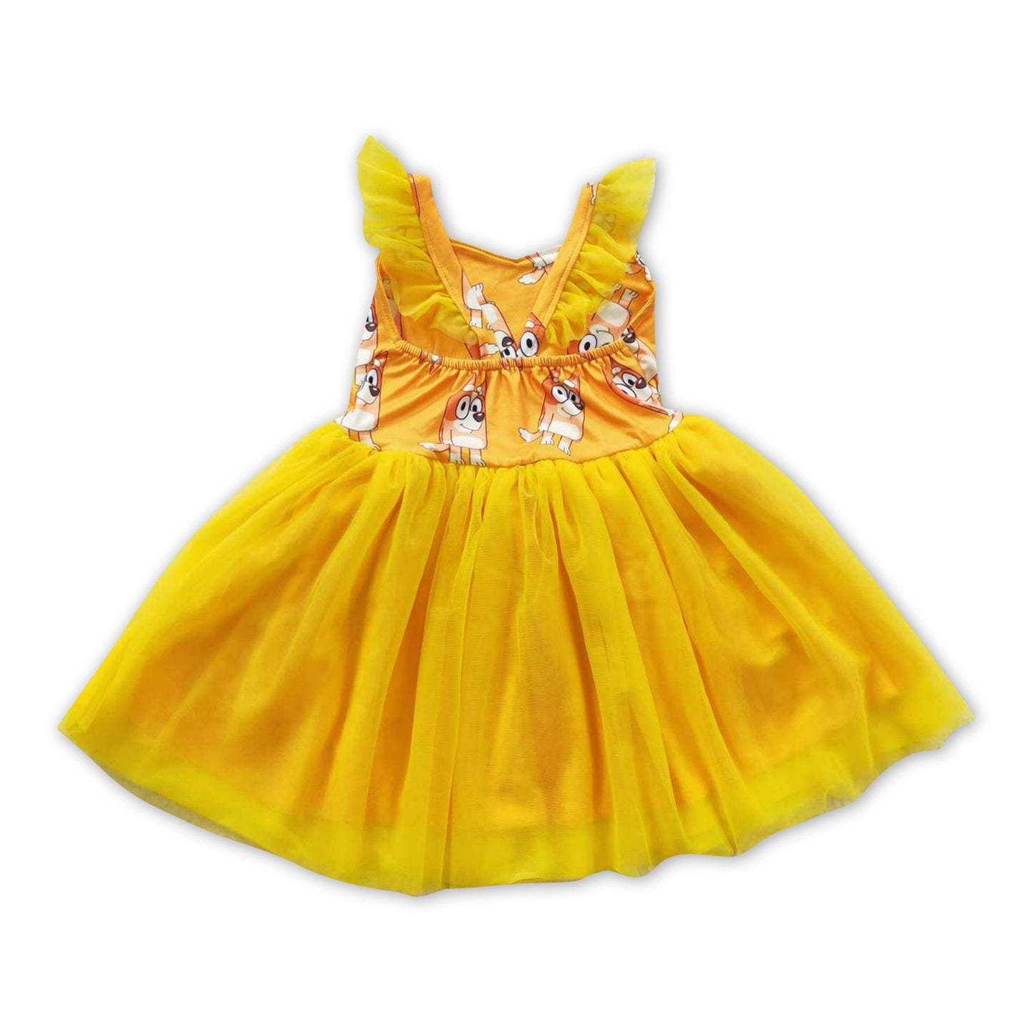 Yellow dog flutter sleeves tulle baby girls dress