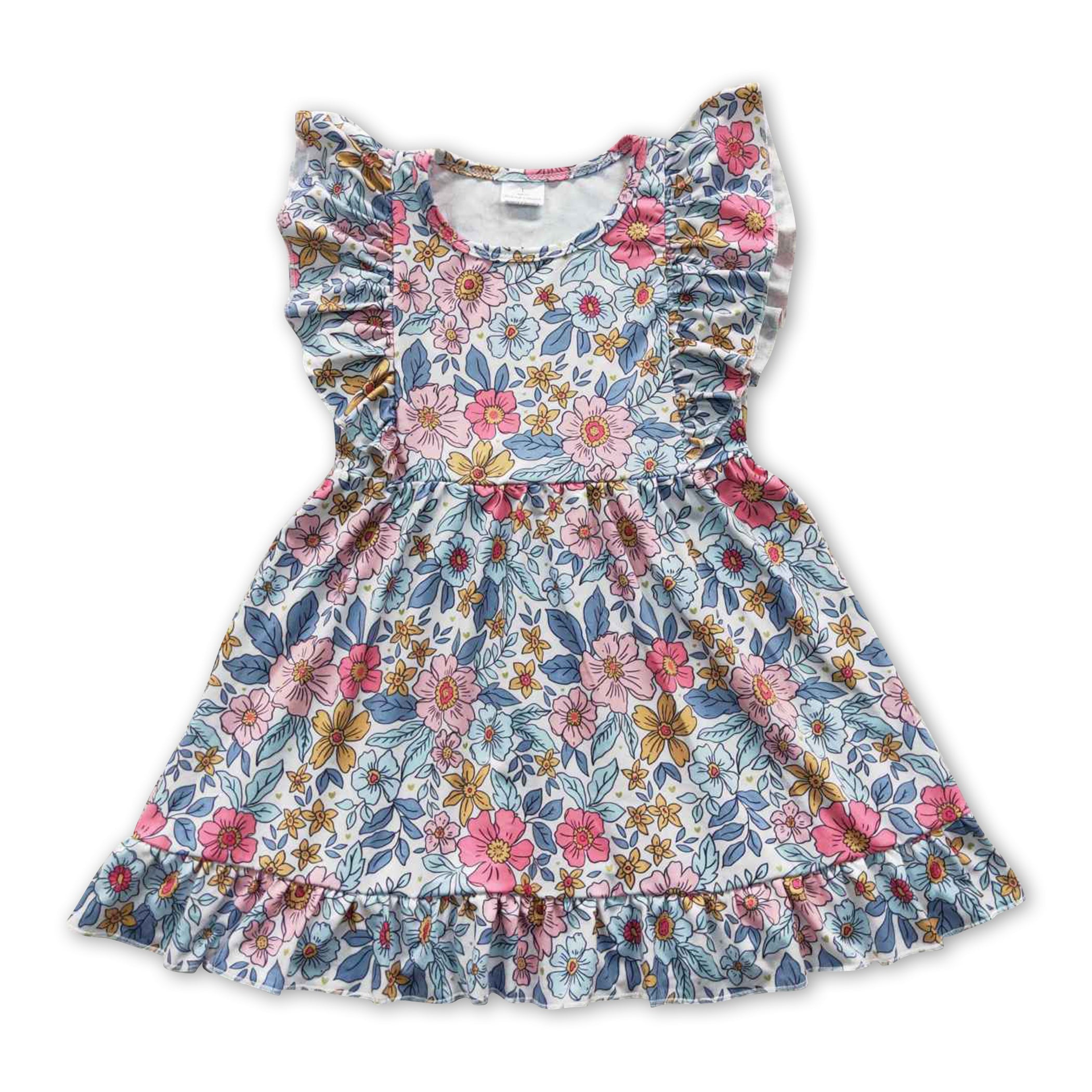 Flutter sleeves blue floral baby girls summer dresses Yawoo Garments