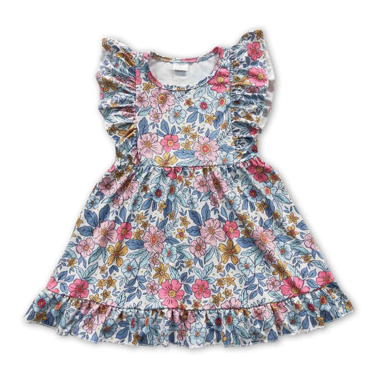 Flutter sleeves blue floral baby girls summer dresses