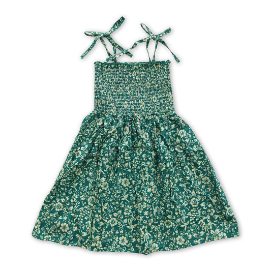 Suspenders elastic green floral baby girls summer dresses