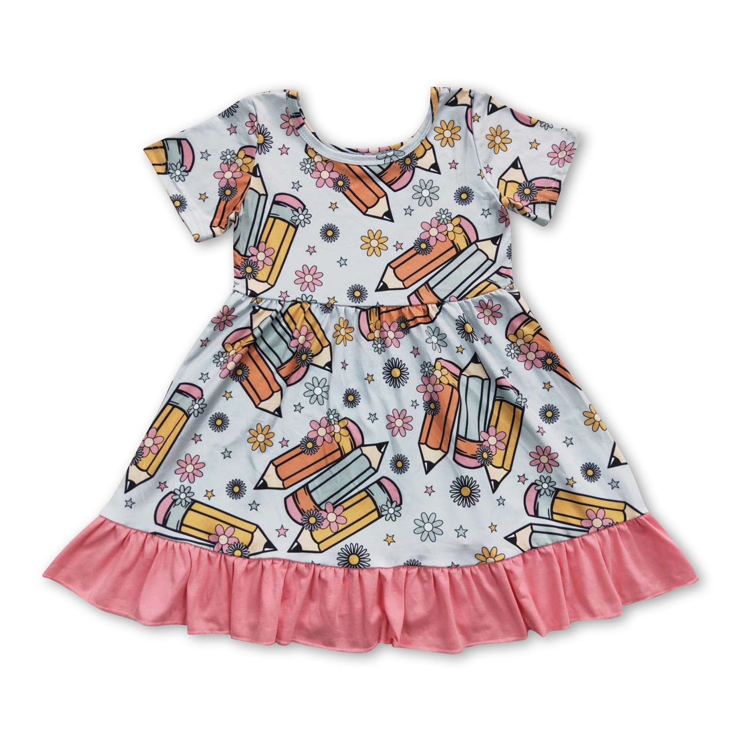 Pencil flower short sleeves girls back to school dress