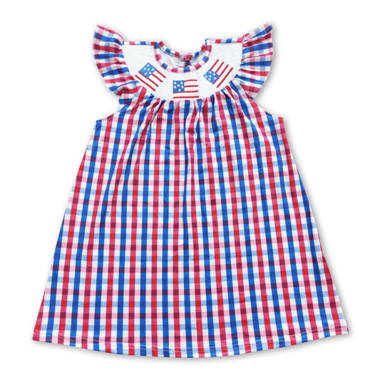 Flag embroidery smock plaid kids girls 4th of july dress