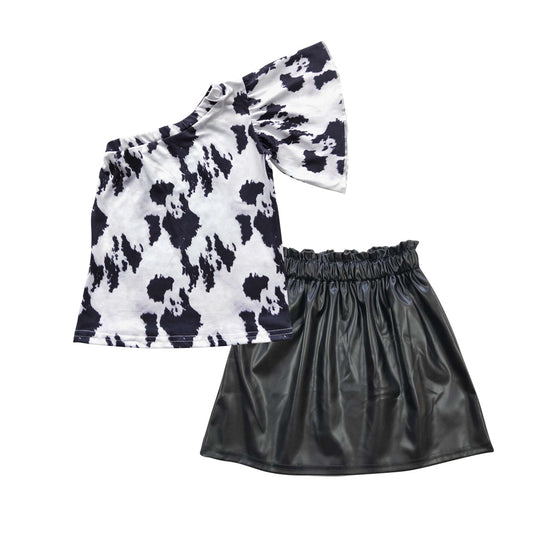 One shoulder cow print shirt leather skirt western girls outfits