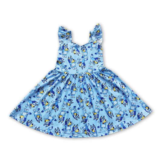 Flutter sleeves blue dog baby girls twirl dresses