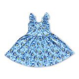 Flutter sleeves blue dog baby girls twirl dresses