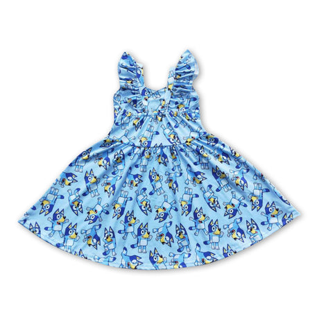 Flutter sleeves blue dog baby girls twirl dresses
