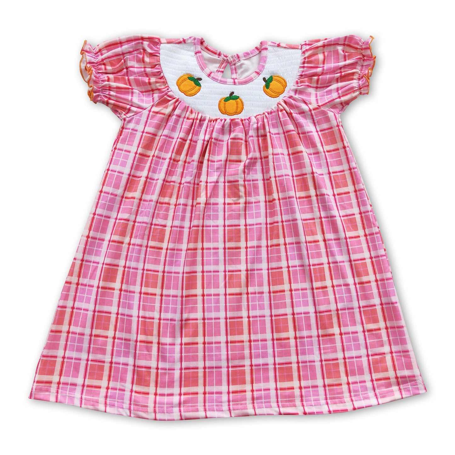 Pumpkin smocked plaid short sleeves baby girls dress