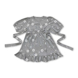 White flower grey cotton belt baby girls dresses
