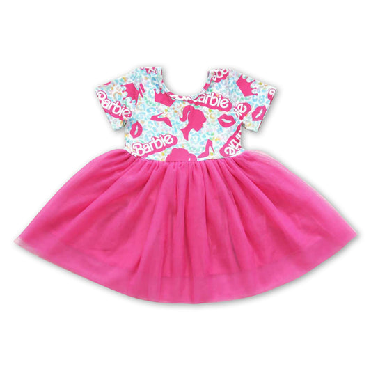 Short sleeves leopard hot pink tulle party girls dresses