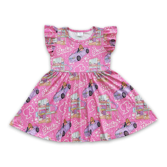 Flutter sleeves pink cars party girls dresses