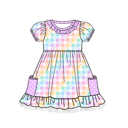 Colorful heart plaid short sleeves girls dresses