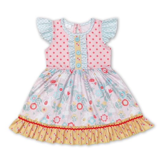 Flutter sleeves polka dots floral bunny girls easter dress