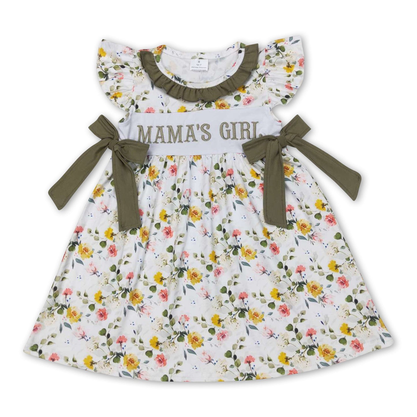 Mama's girl olive floral bow kids girls dresses