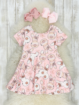 Pink stripe floral bunny short sleeves girls easter dress