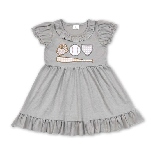 Grey short sleeves baseball embroidery girls dresses