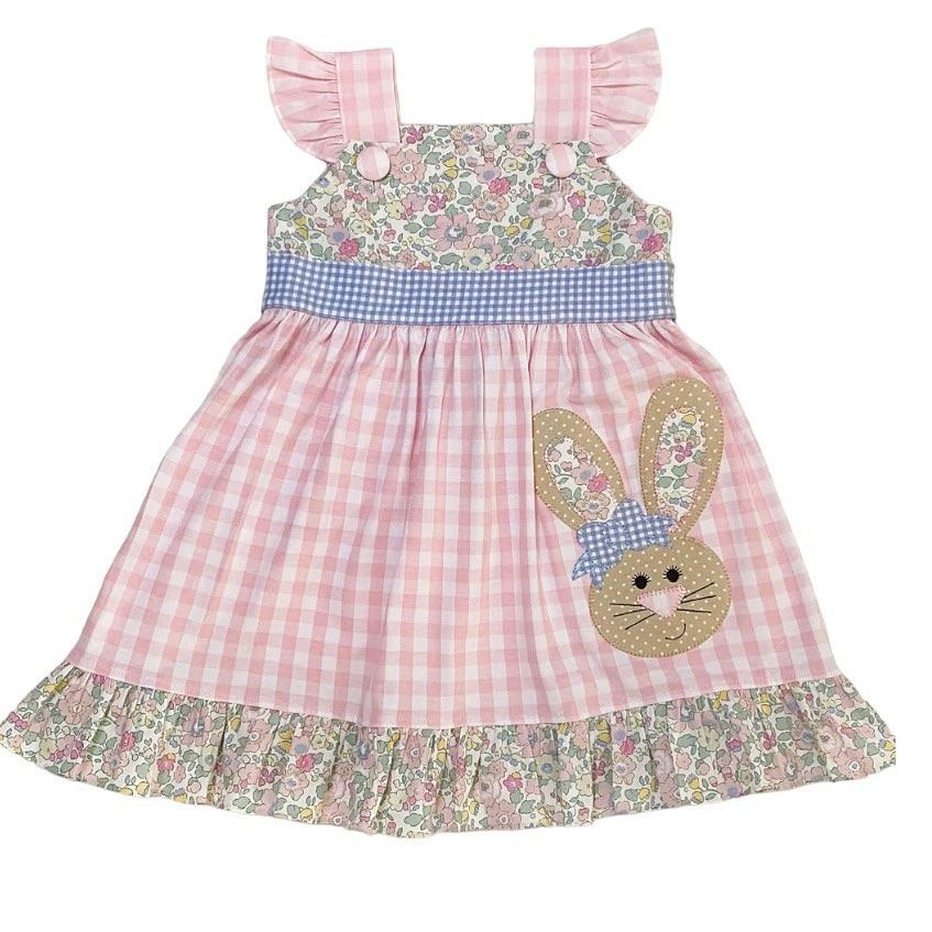 Pink plaid floral bunny kids girls easter dresses