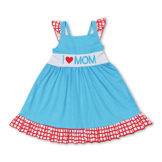 I love mom light blue plaid ruffle girls mother's day dress