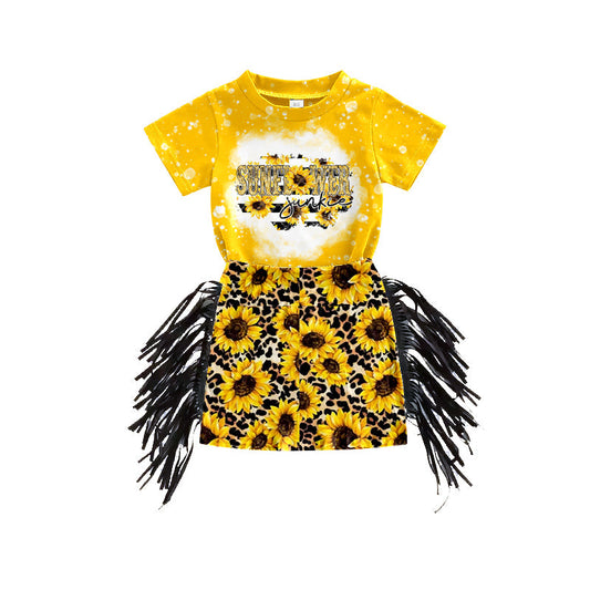 Sunflower top leopard tassels skirt girls summer clothes