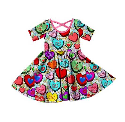 Short sleeves colorful heart girls valentines dresses