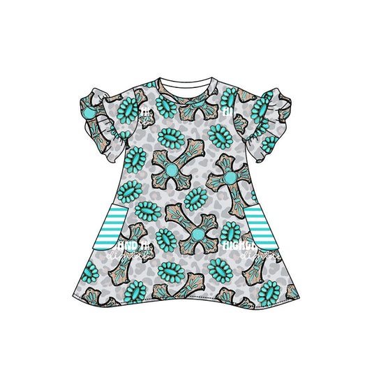 Short sleeves turquoise cross baby girls easter dress