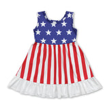 Sleeveless stars stripe ruffle girls 4th of july dresses